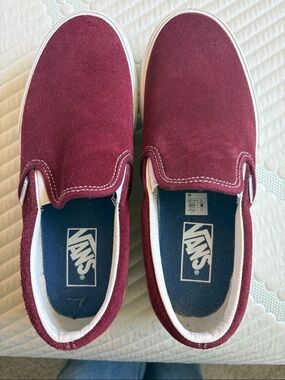 Vans Maroon and White Slip-On Sneakers